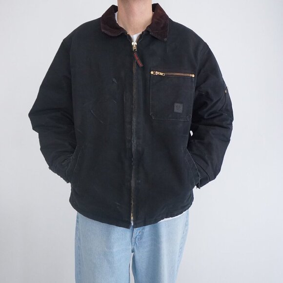 Vtg 90S Tough Duck Black Brown Corduroy Collar Heavyweight Cotton Detroit Jacket - Picture 1 of 16